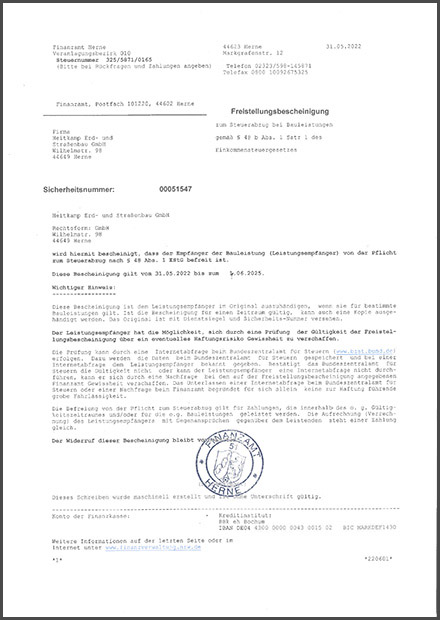 Freistellungsbescheinigung HEITKAMP Erd- und Straßenbau GmbH
