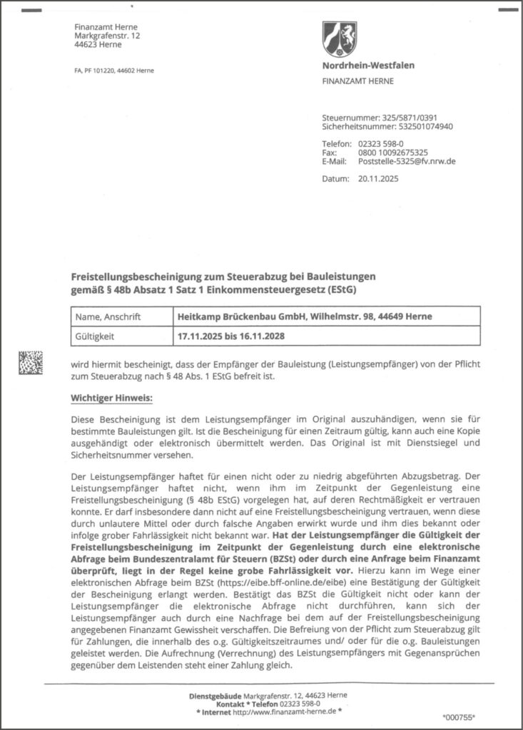 Freistellungsbescheinigung HEITKAMP Brückenbau GmbH